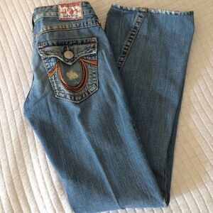 True Religion Light Blue Distressed Women's Jeans with Orange Stitching